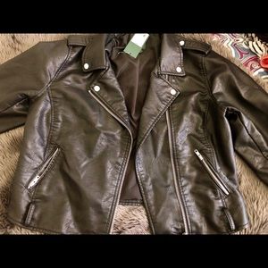 Leather jacket with silver zipper accents